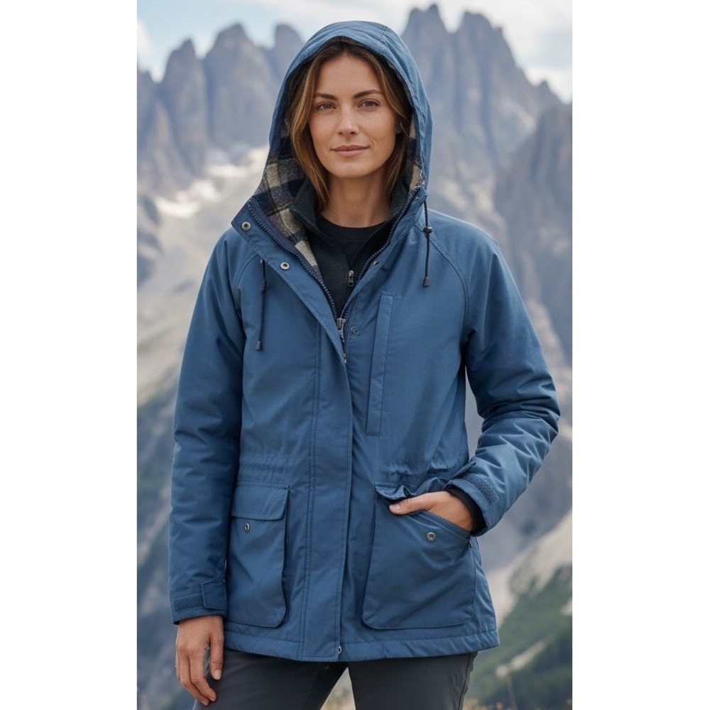 Vtg Woolrich Woman's Flannel Lined Blue Parka Hood Rain Jacket  Large Made USA